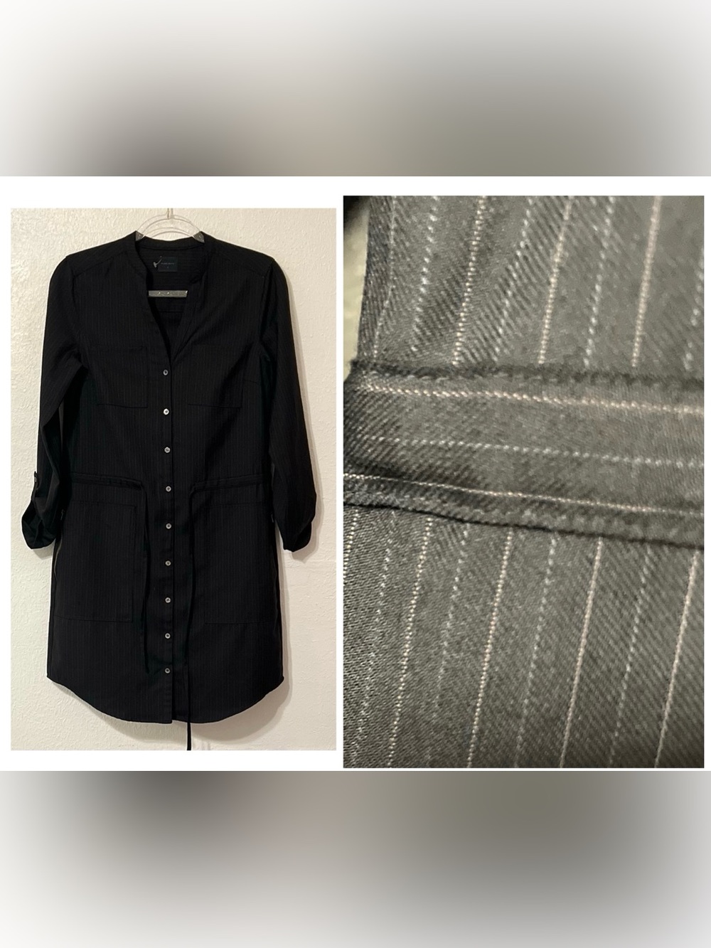 Pure Navy Black Pinstripe Longline Button-Down Utility Shirt Dress Wool Career
